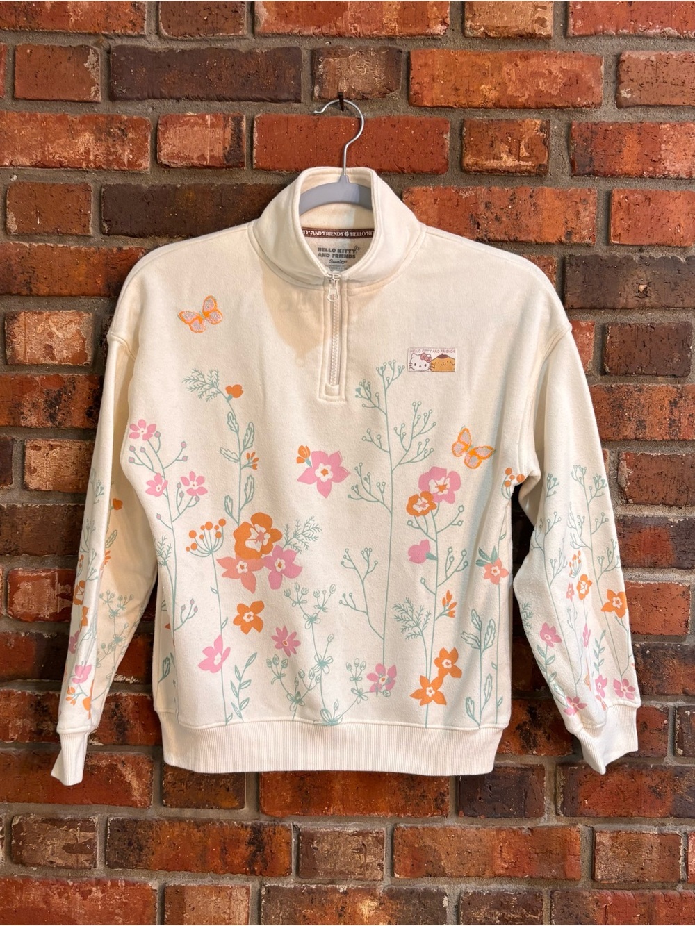 Hello Kitty & Pompompurin girls floral 1/4 zip sweatshirt cream L